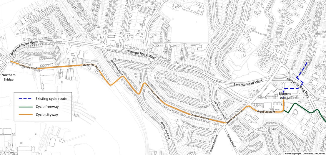 Map showing the Cycle Cityway which runs from Quayside Road by Bitterne Road West, to Athelstan Road, Chessel Avenue, Peartree Avenue and Angel Crescent to Bitterne District Centre, with the existing cycle route continuing under Maybray King Way to Panwell Road and the proposed Cycle Freeway from Angel Crescent to Bursledon Road.