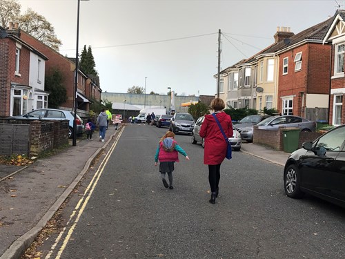 A photo of the Shirley Infant School 'School Streets' scheme in action
