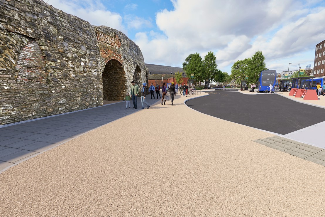 A CGI image of how the new Albion Place could look, when viewed from the Castle Lane end, showing the historic castle walls to the left, new paving and walking area in the centre, and new roadway on the right which leads to the new bus stops and e-scooter stations. In the distance are new trees from the proposed urban park.