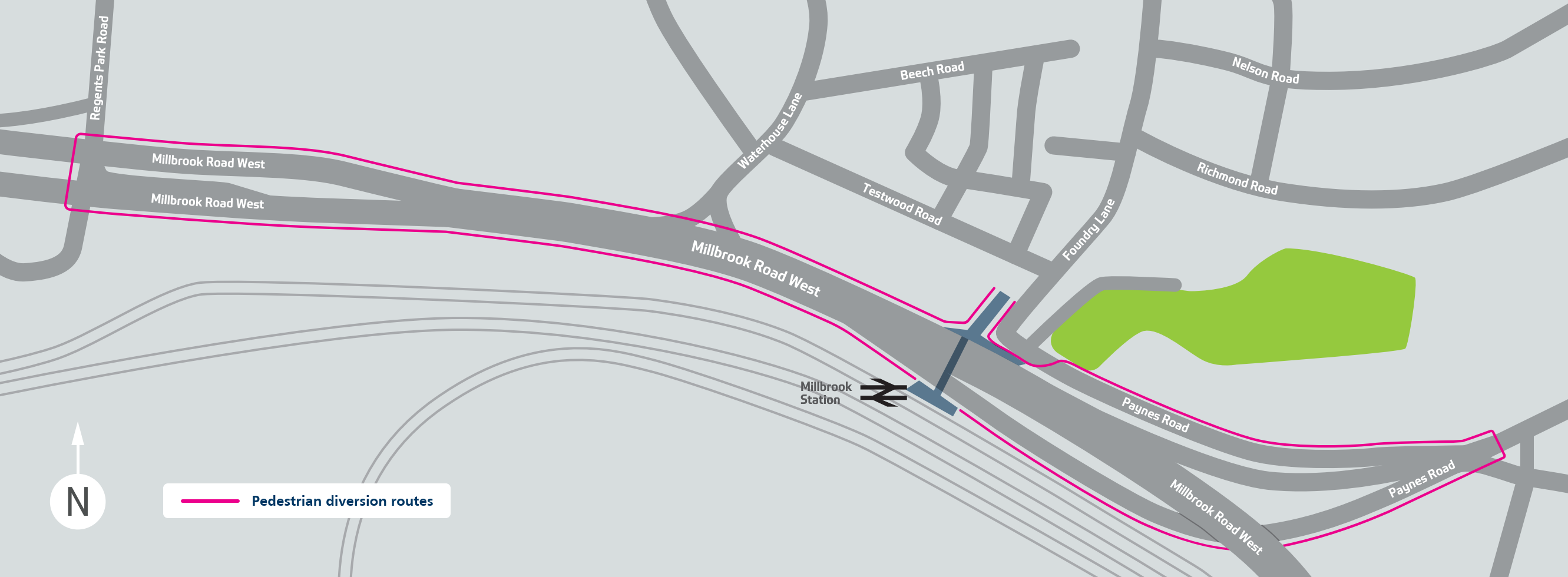 Map showing pedestrian diversion routes via Regents Park Road junction and Paynes Road.