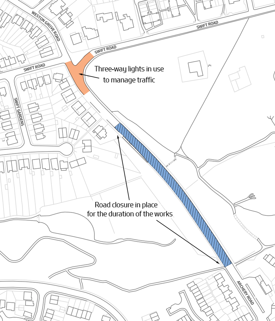 A map showing the area around Archery Road. Archery Road is highlighted between no. 17 and no. 27 to show the extent of the road closure. A second area is highlighted at the junction with Swift Road to show the area that will be controlled by temporary traffic lights.