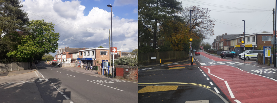 Before and after photos of the works undertaken at the junction of Station Road and Cranberry Road. In the left, before, image the junction has black tarmac on Station Road and a beige surface on Cranbury Road and is open. Trees and the properties on Station Road are visible in the background. In the right, after, image, the foreground shows the new road surfaces, black in Cranbury Road and red and black in Station Road in the approach to the new zebra crossing. The new island in Cranbury Road is in line with the zebra crossing. The trees and buildings on Station Road remain in the background.