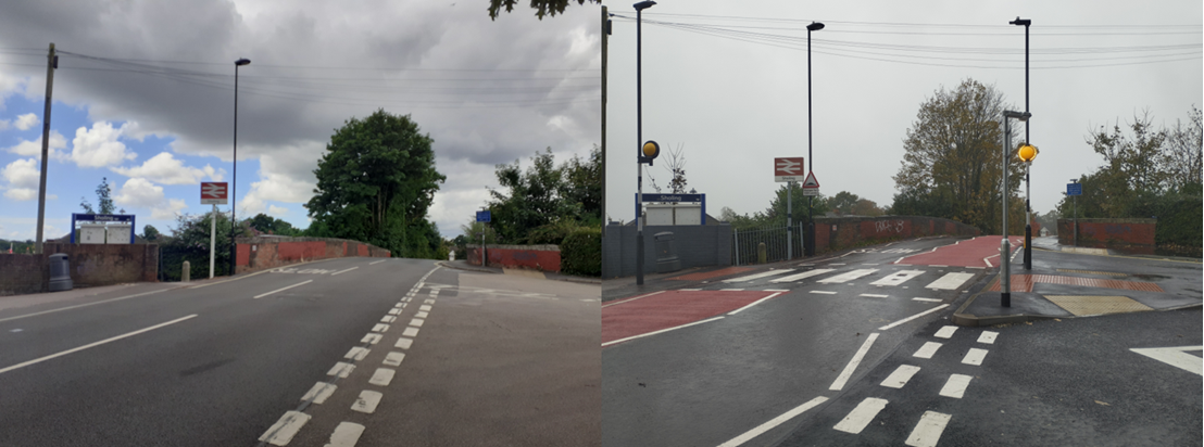 Before and after photos of the improvement works at Station Road and Cranbury Road. In the left, before, image, the road surface is divided between black tarmac on Station Road and beige surface on Cranbury Road and is otherwise open with the railway bridge in the background. In the right, after, image, new tarmac finishes with white road markings and two red areas in the approach to the new zebra crossing are in the foreground, with the new pedestrian island off to the right hand side and the railway bridge in the background.