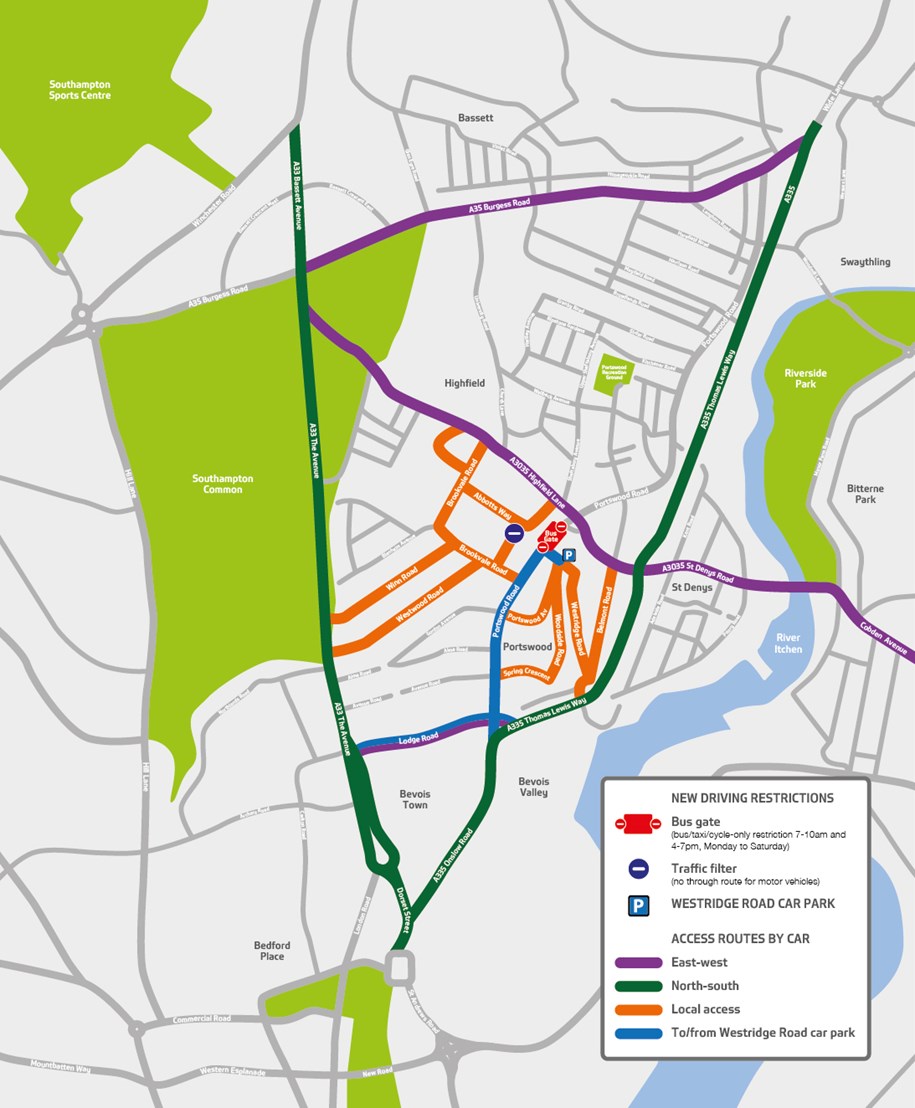 A map showing the advised routes in and around Portswood during the bus gate operational times