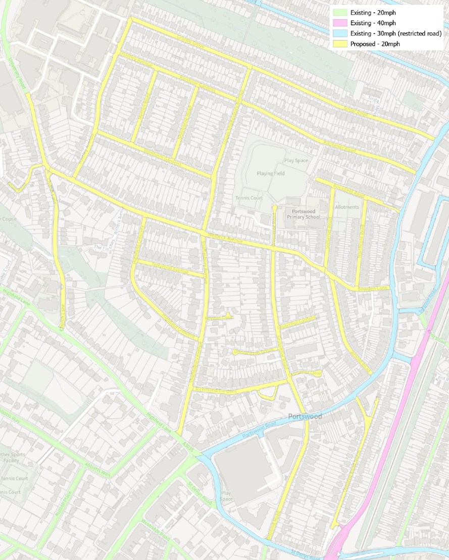Map showing the existing 20 mph limit roads (green), existing 40 mph limit roads (pink, Thomas Lewis Way), existing 30 mph roads (blue, St Denys Road and Portswood Road north of the junction with St Denys Road) and proposed 20 mph limit roads (yellow)